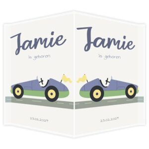 Raambord geboortebord - Auto met vlaggetje - Blauw