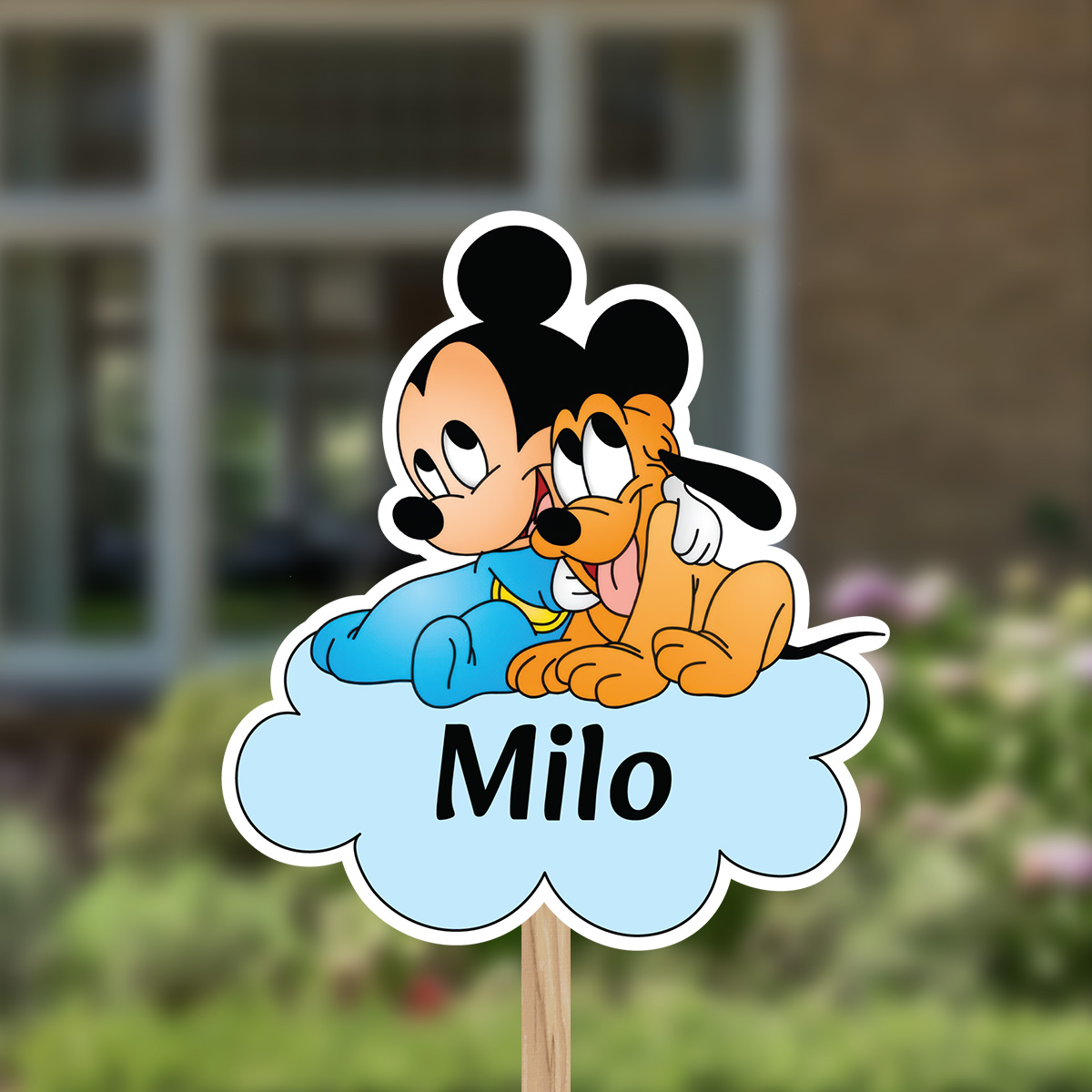 81398-mickey-mouse-en-pluto-op-naamwolk-blauw-1 Geboortebord | Mickey Mouse en Pluto op wolk - Afbeelding 1
