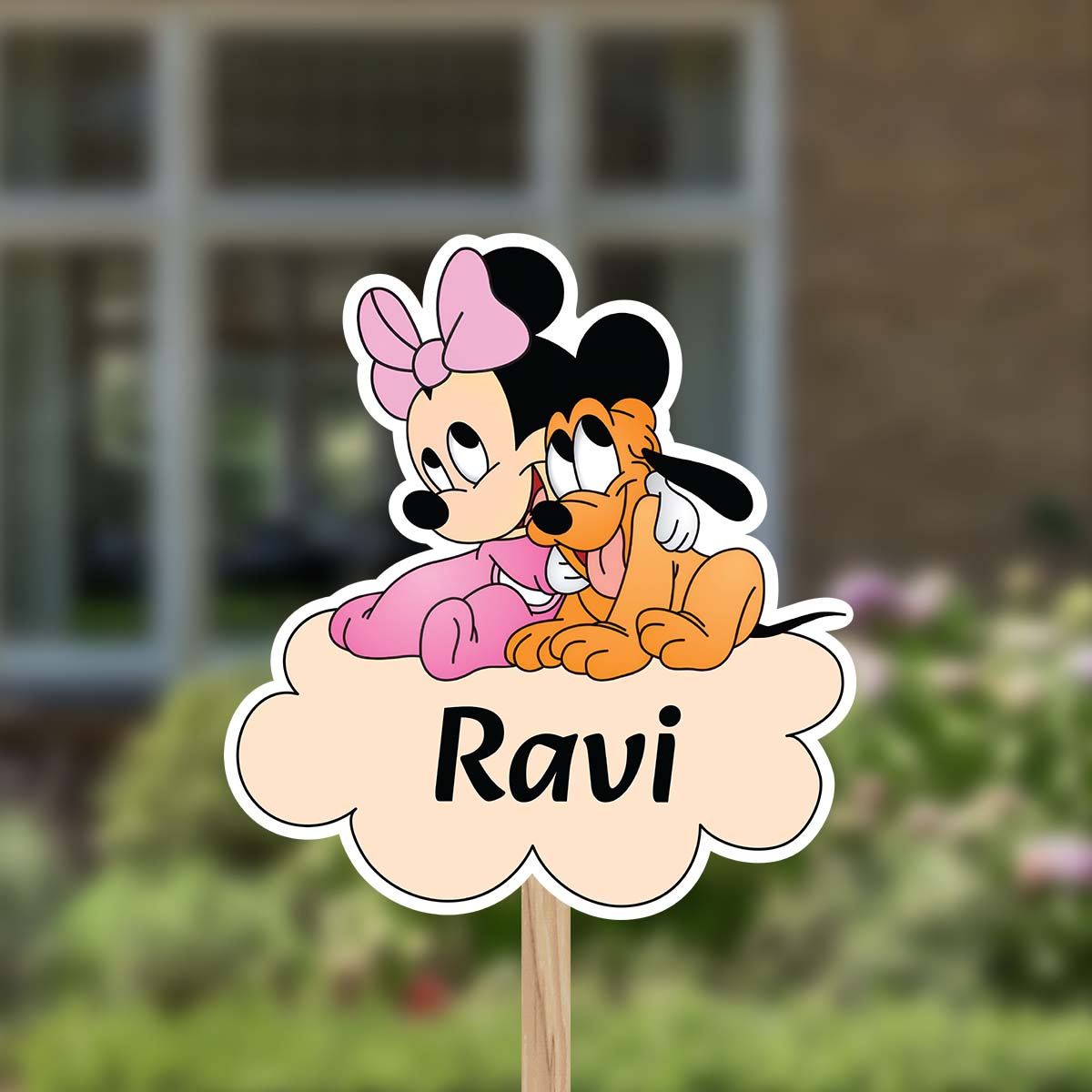 81425-minnie-mouse-met-pluto-op-wolk-beige-1 Geboortebord | Minnie Mouse met Pluto op wolk - Afbeelding 1